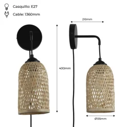 Aplique de pared de mimbre con enchufe "Frida" E27