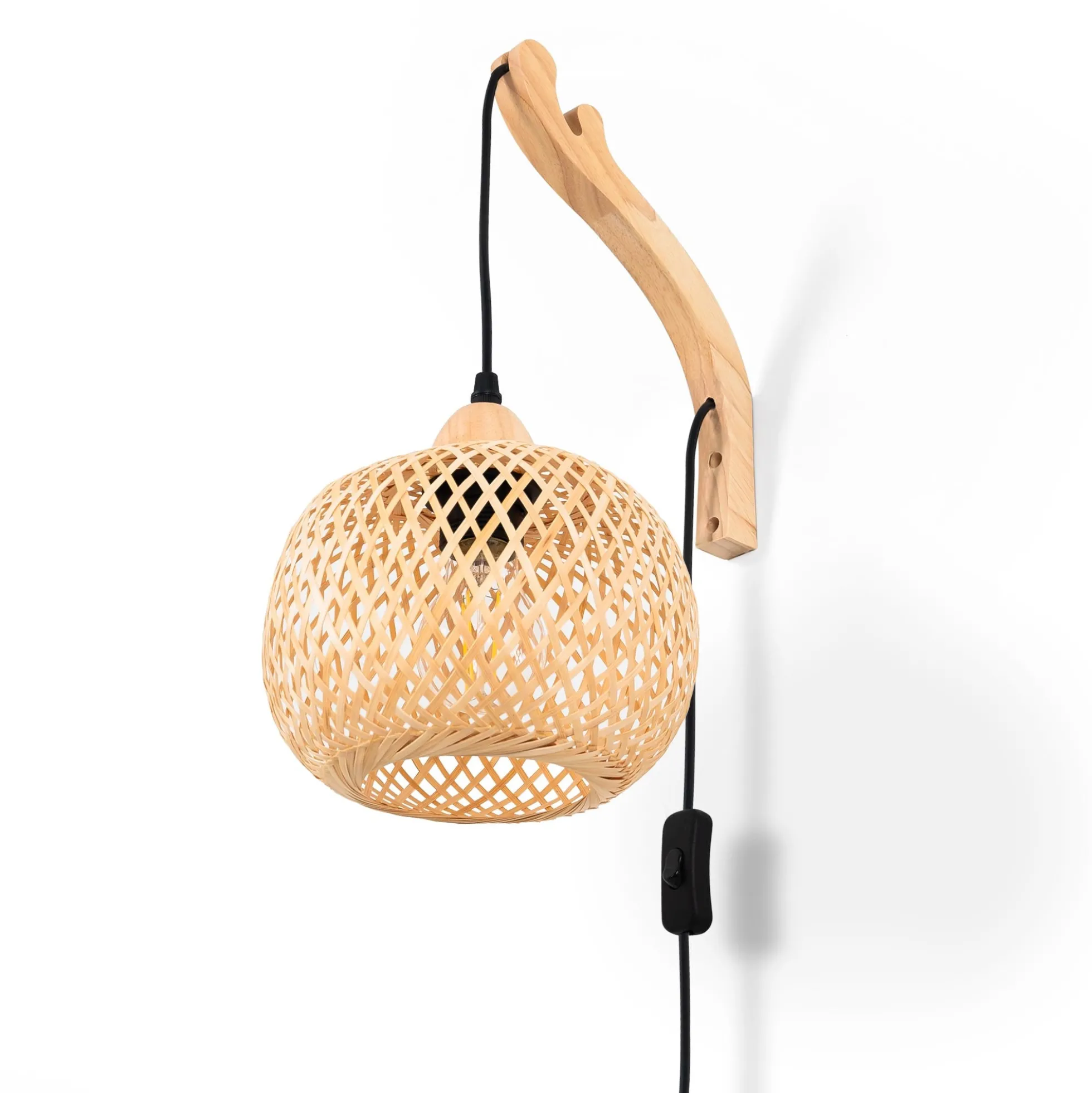 Aplique de pared de mimbre y madera "Phuket" - Con cable y enchufe - E27