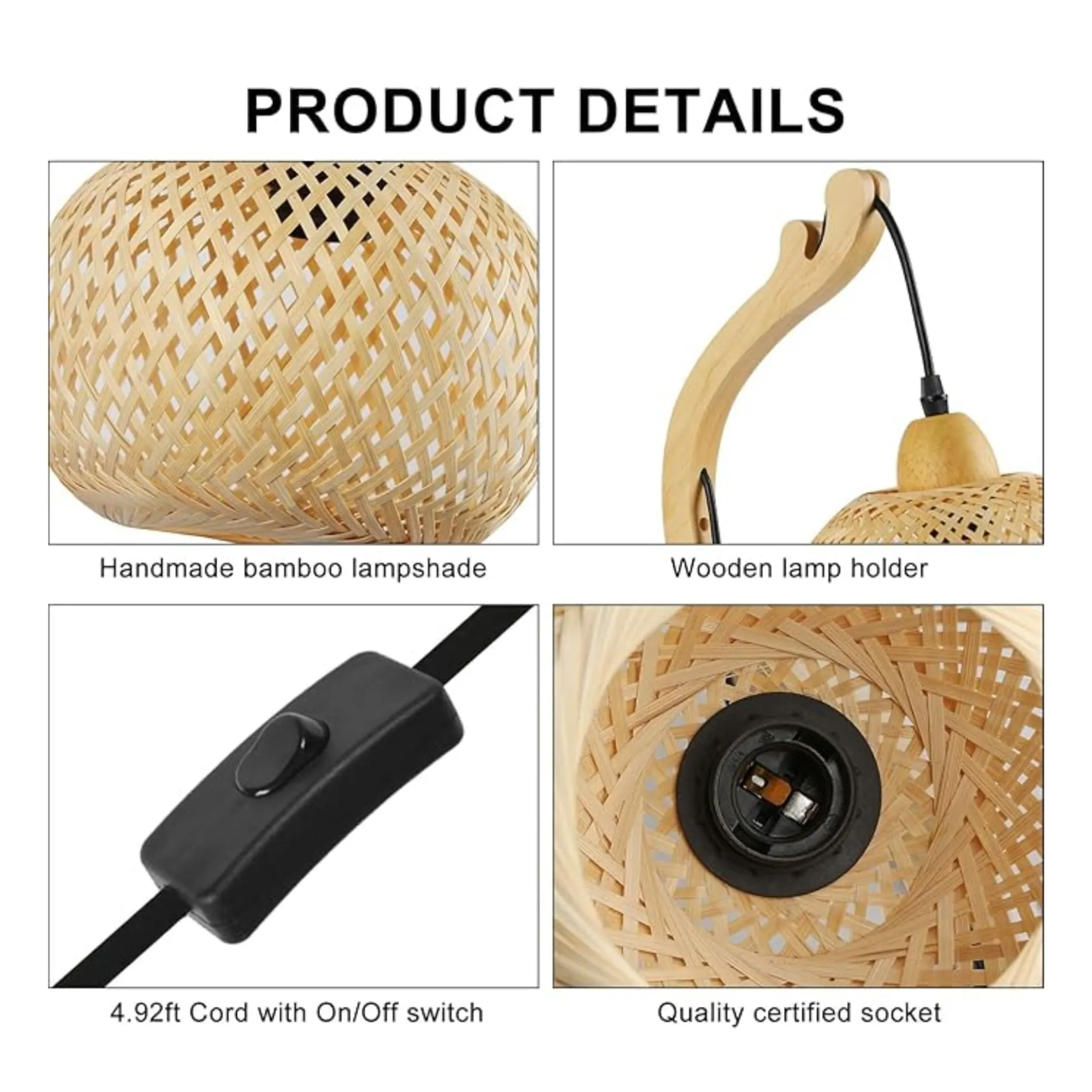 Aplique de pared de mimbre y madera "Phuket" - Con cable y enchufe - E27