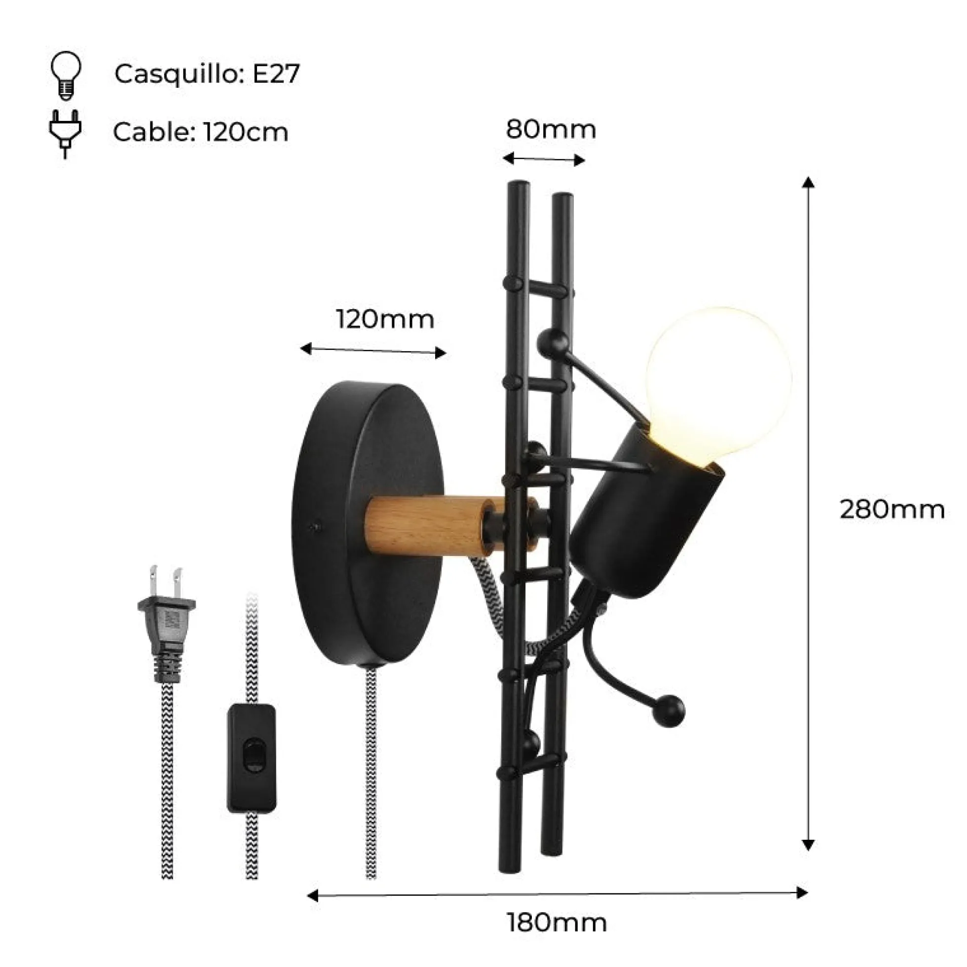 Aplique de Pared "Doll " - Con interruptor y enchufe - E27