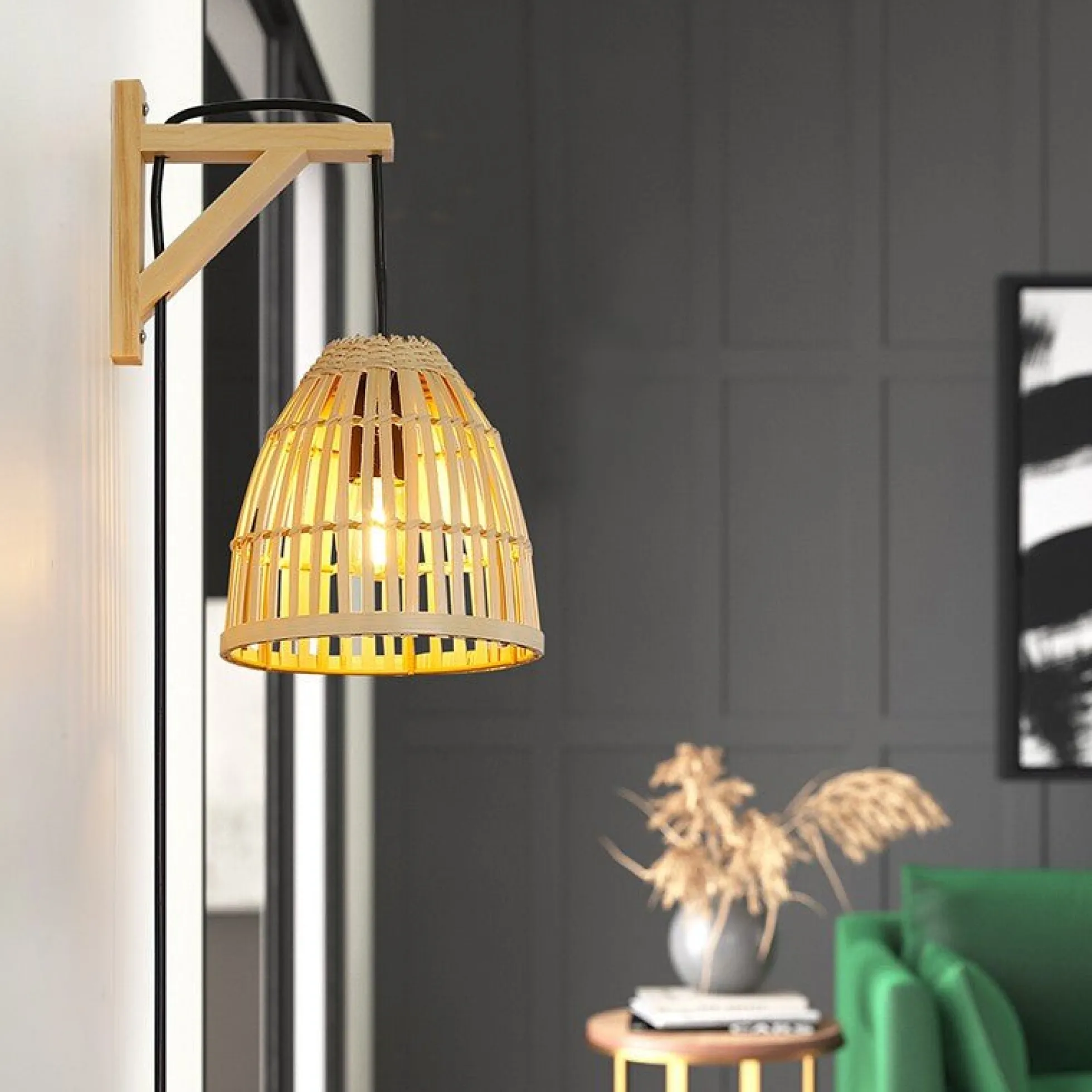 Aplique de pared en madera con pantalla de bambú "CESTA"