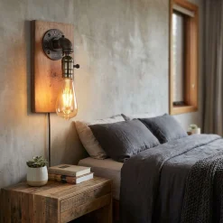 Aplique de pared estilo industrial de madera y metal