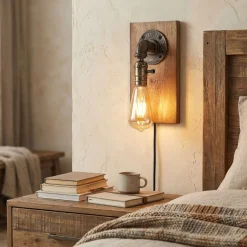Aplique de pared estilo industrial de madera y metal
