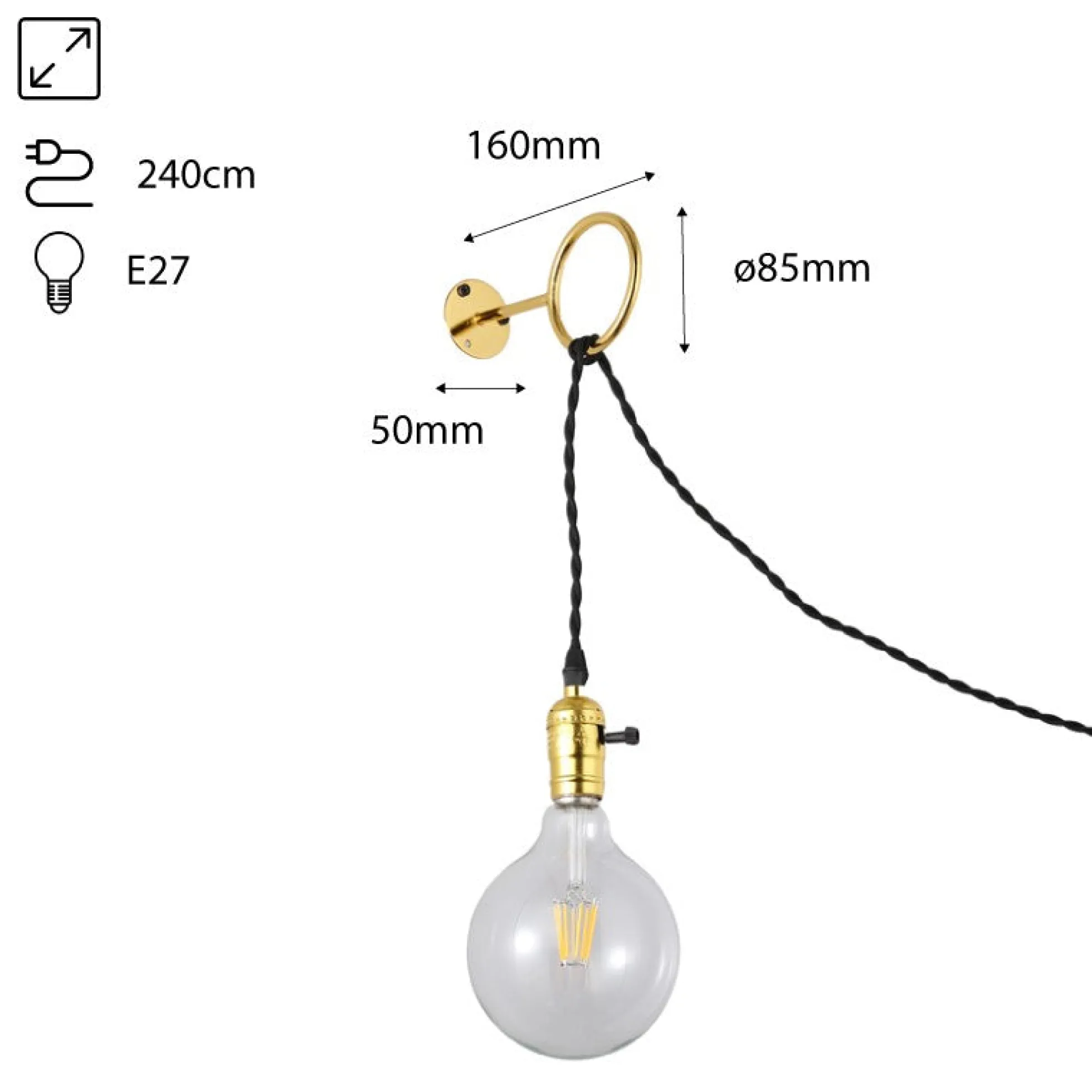 Aplique de Pared Interior Dorado con Enchufe y Interruptor para Dormitorio, Escalera, Escritorio