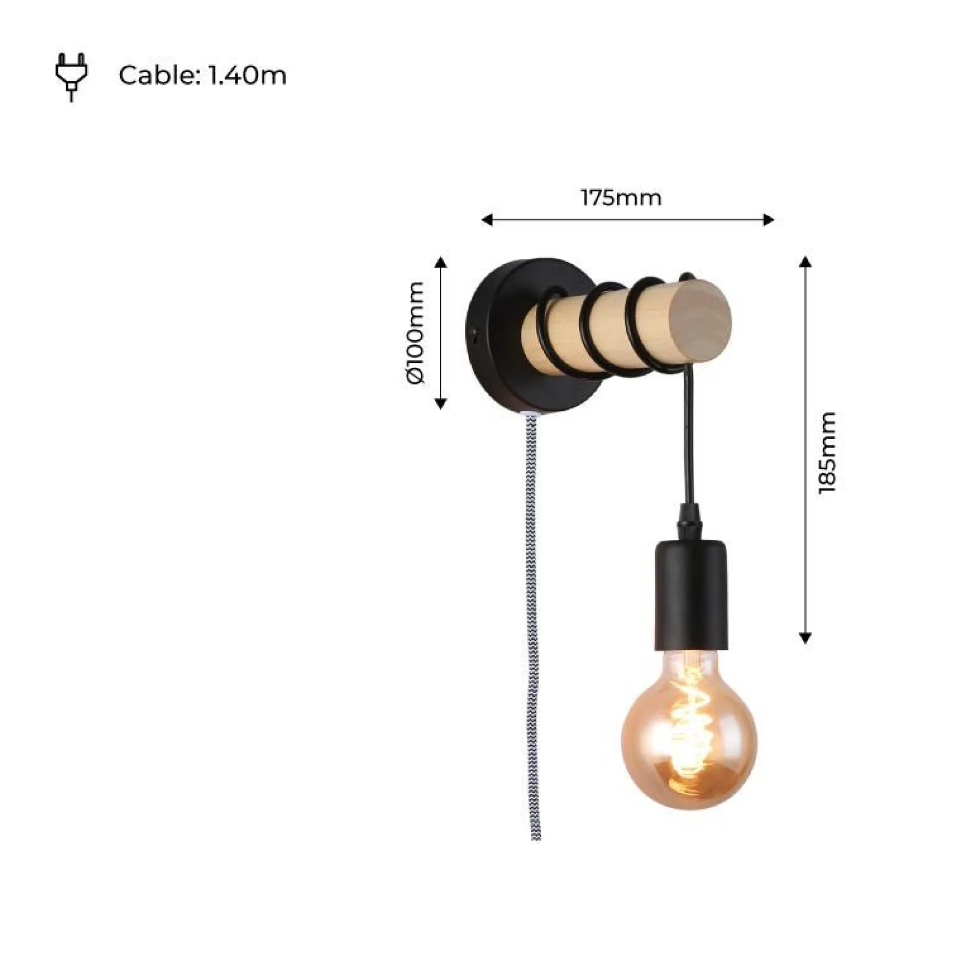 Aplique de pared madera con interruptor y enchufe "MILA"