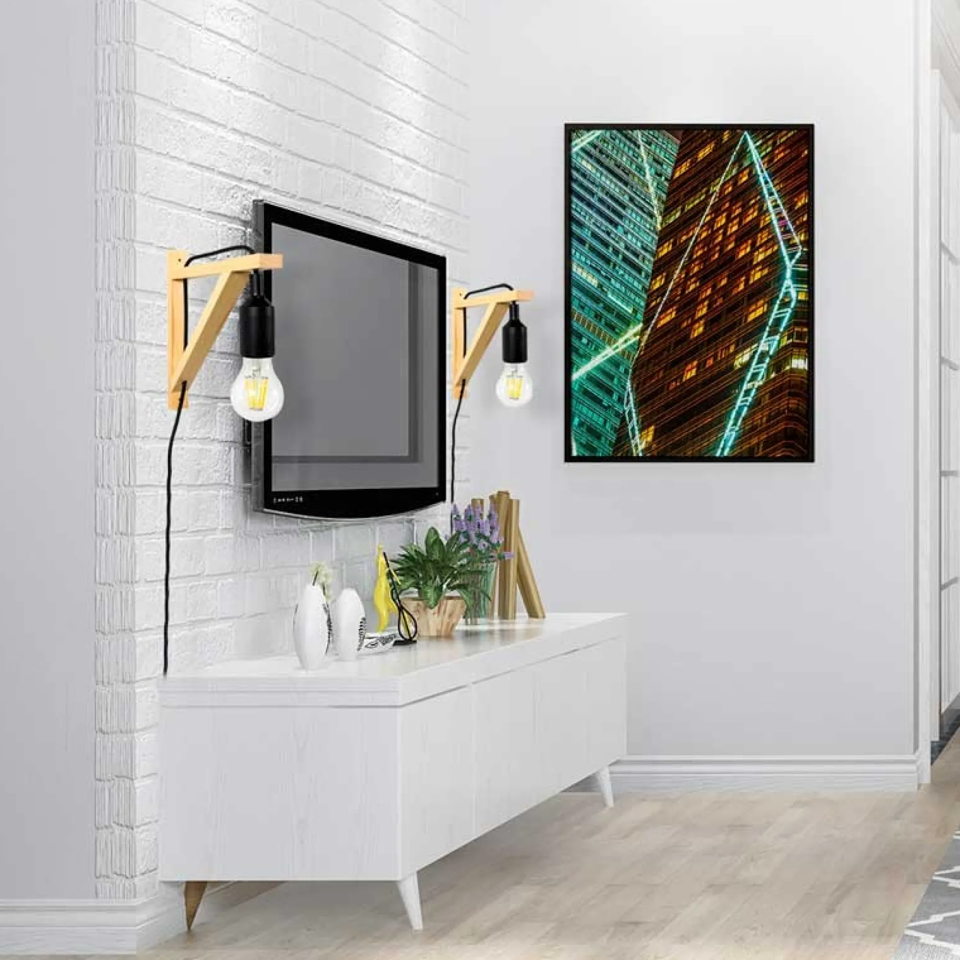 Aplique de pared nórdico "YOJO" -Escuadra de madera y colgante de silicona