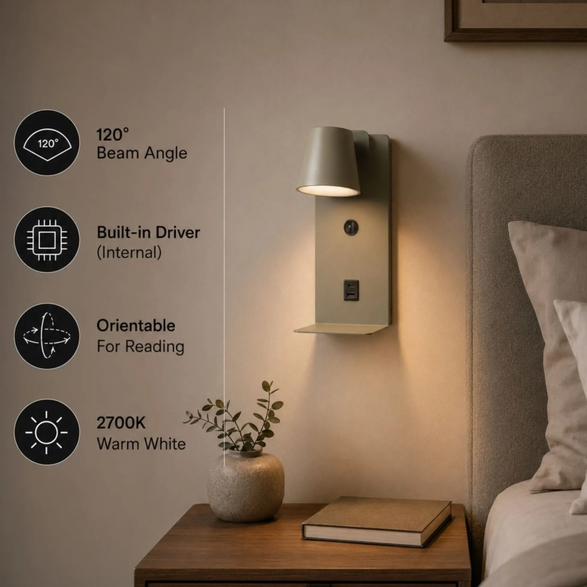 Aplique de pared para lectura "BASKOP" - Puerto USB + USB-C - 6W