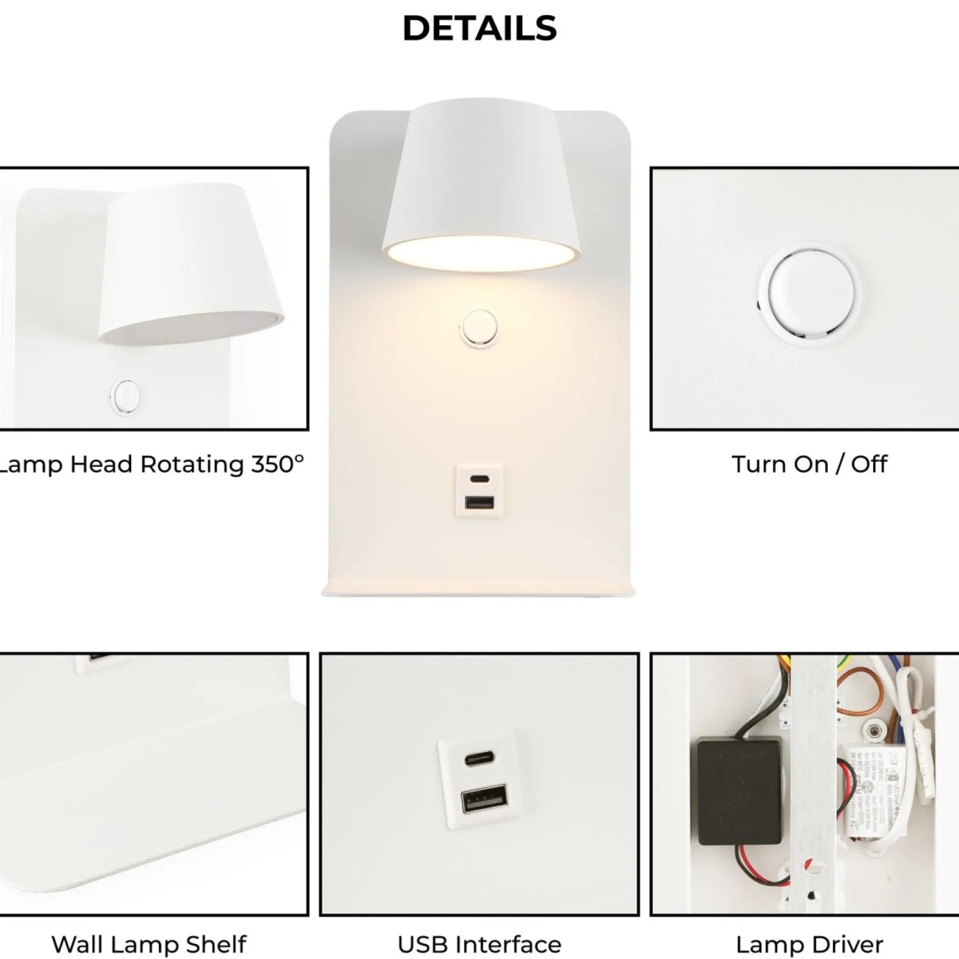 Aplique de pared para lectura "BASKOP" - Puerto USB + USB-C - 6W