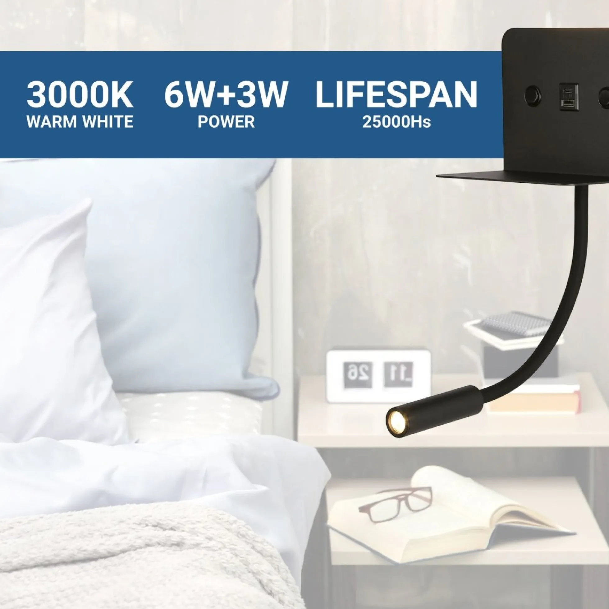 Aplique de pared para lectura "SLANGE 2" - 3W + 6W - Puerto USB + USB-C