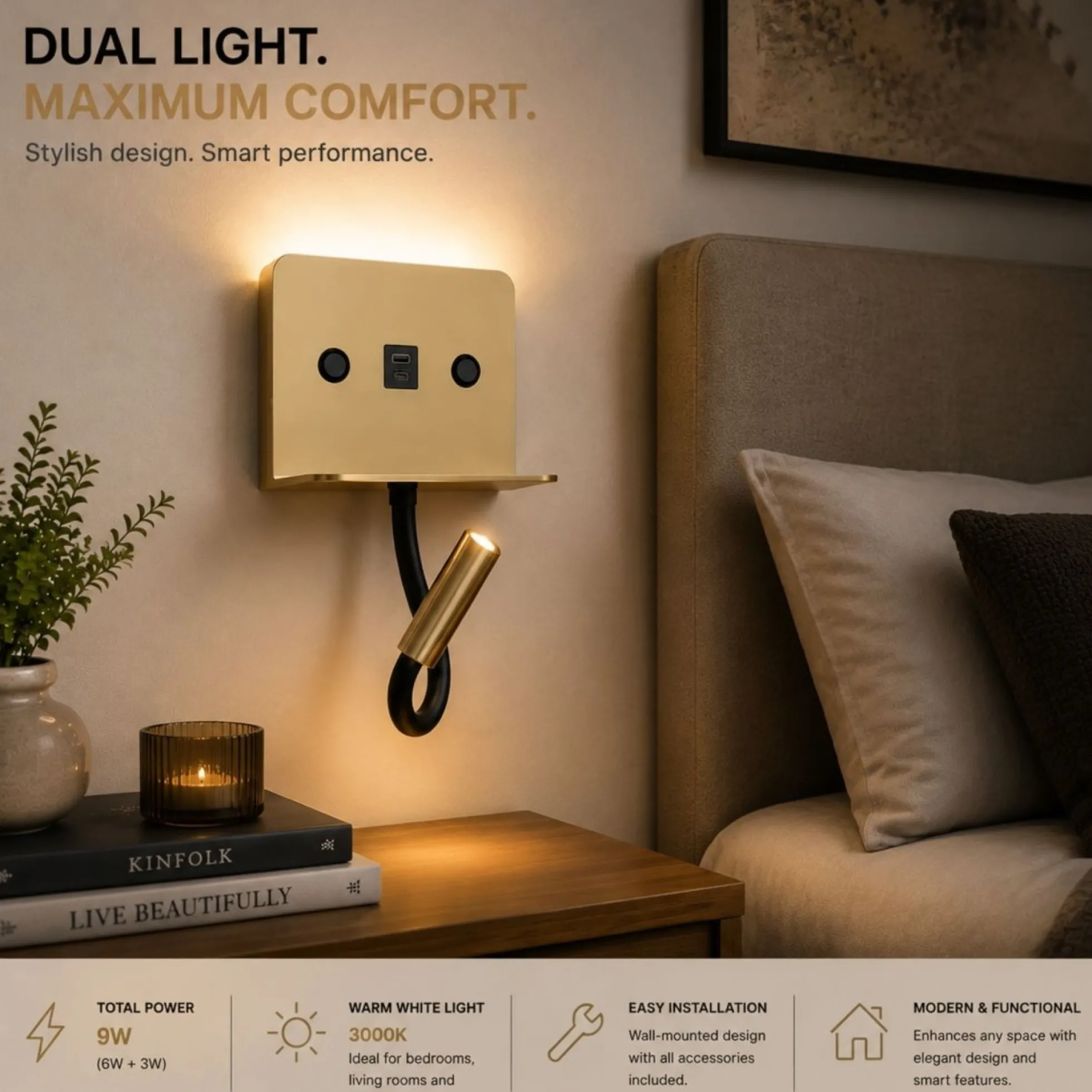 Aplique de pared para lectura "SLANGE 2" - 3W + 6W - Puerto USB + USB-C