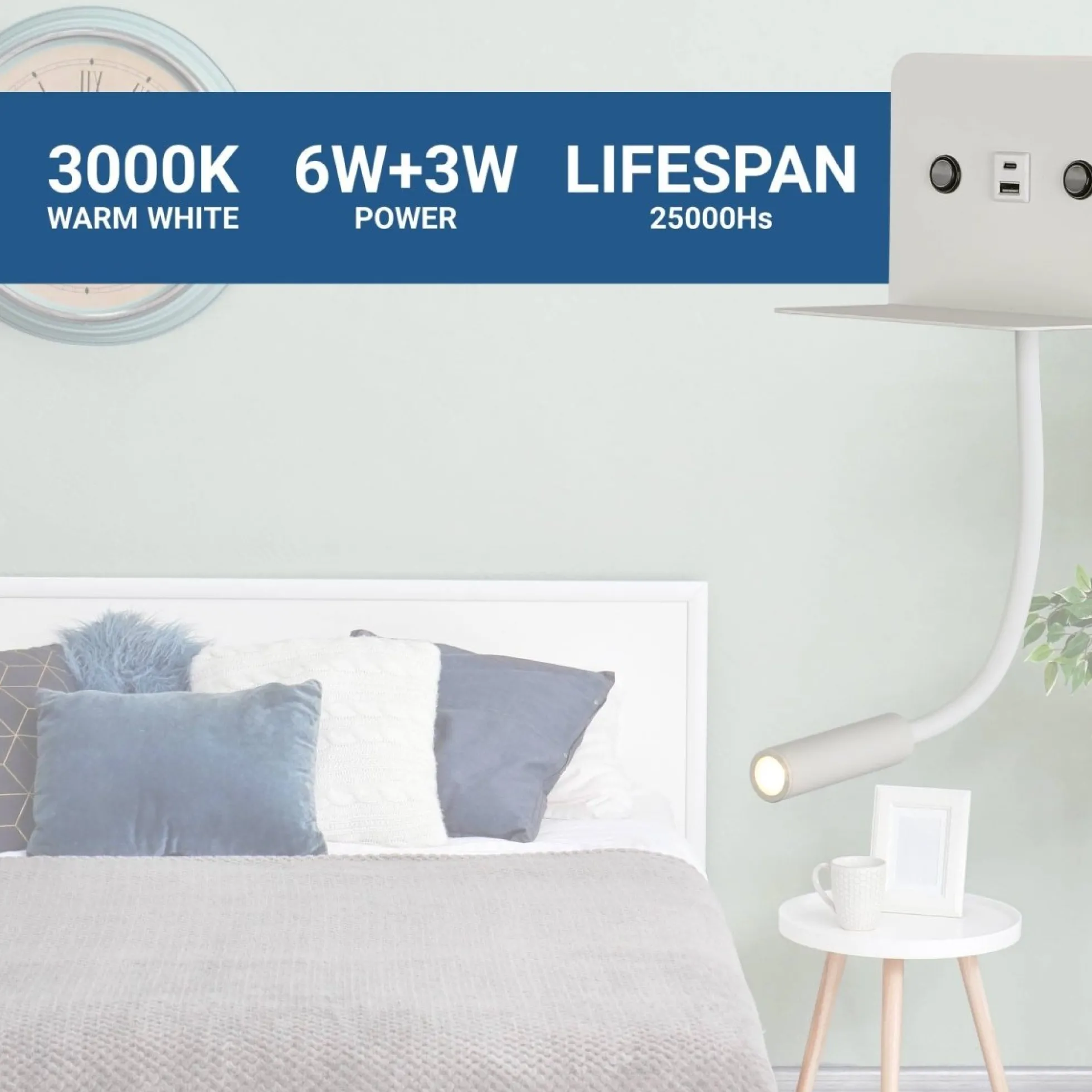Aplique de pared para lectura "SLANGE 2" - 3W + 6W - Puerto USB + USB-C