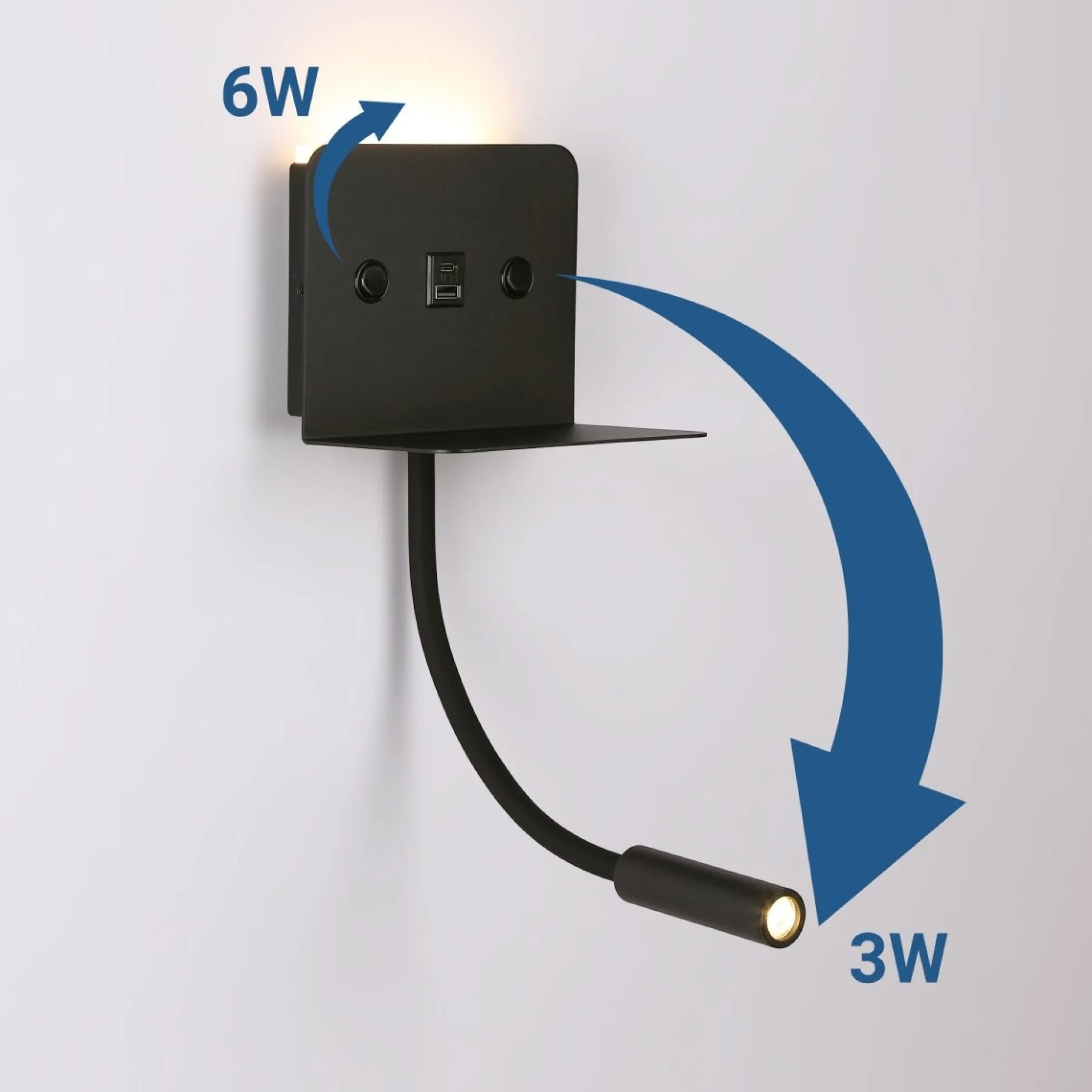 Aplique de pared para lectura "SLANGE 2" - 3W + 6W - Puerto USB + USB-C