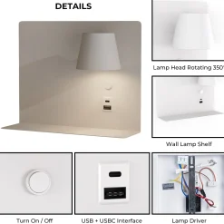Aplique de pared para lectura con puerto USB y USBC 