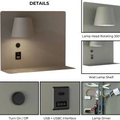 Aplique de pared para lectura con puerto USB y USBC 