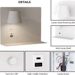 Aplique de pared para lectura con puerto USB y USBC 