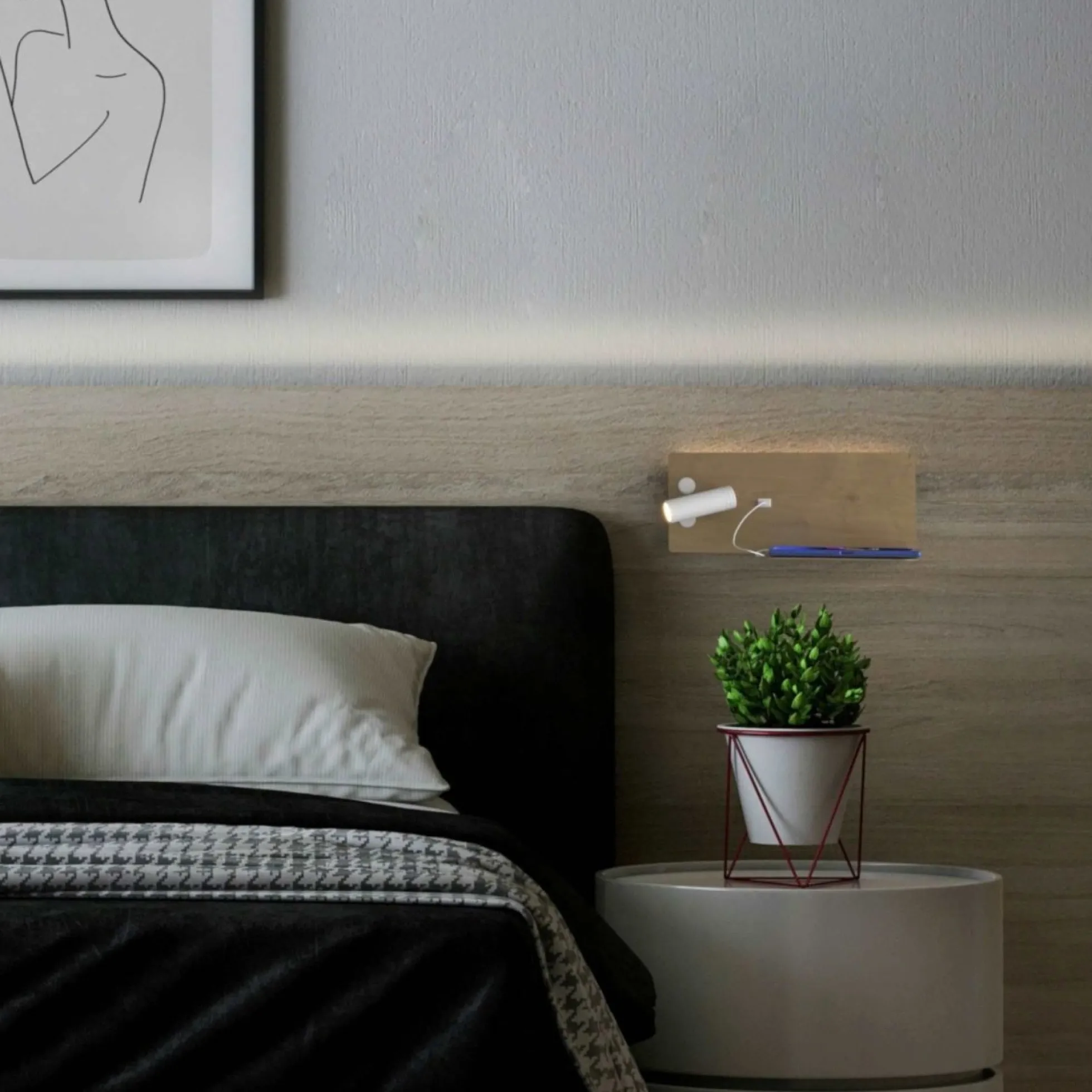 Aplique de pared para lectura con puerto USB "Kerta" - Iluminación doble - 3W+7W, lado izquierdo