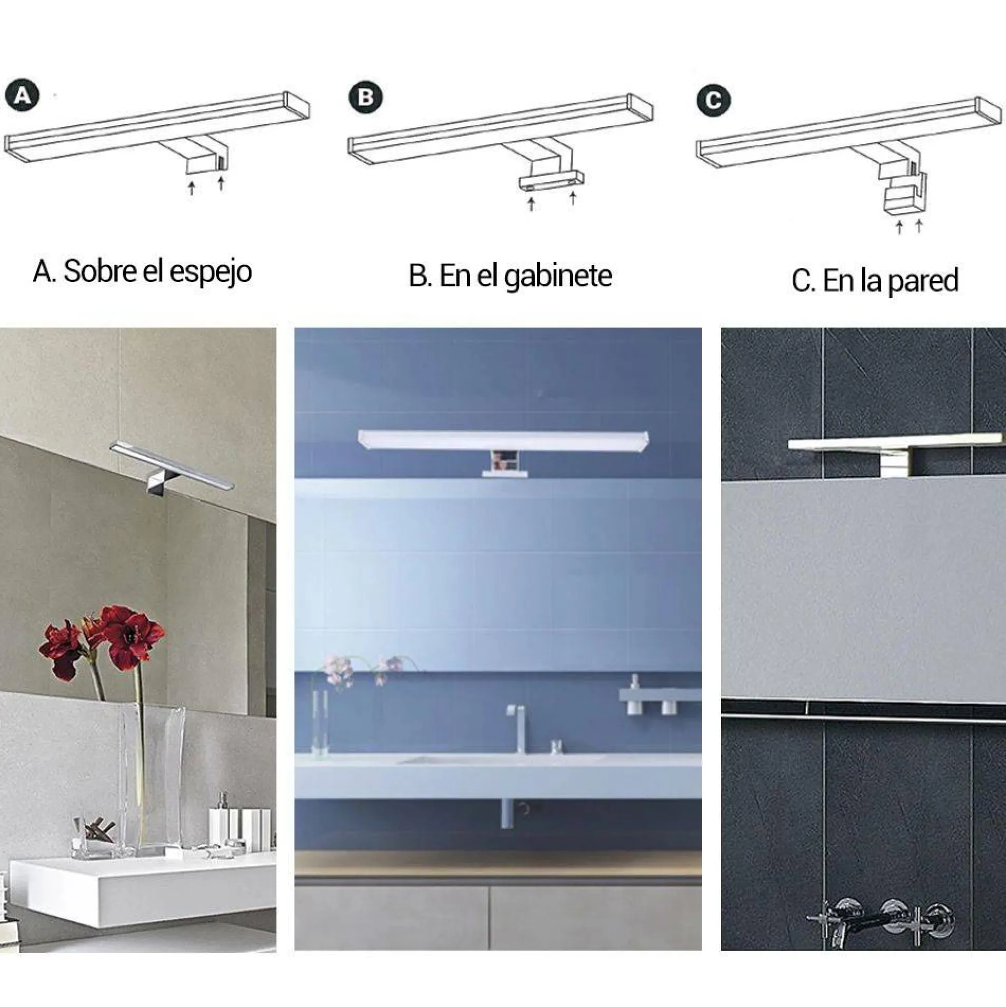 Aplique espejo baño LED 10W - Fijación en espejo, mueble o pared - 50cm