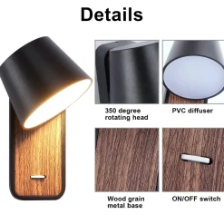 Aplique LED para Dormitorio de Madera rotatorio 