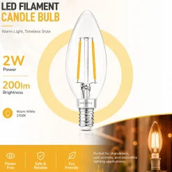 Bombilla LED filamento Vela - E14 C35 - 2W - 3000K - Transparente