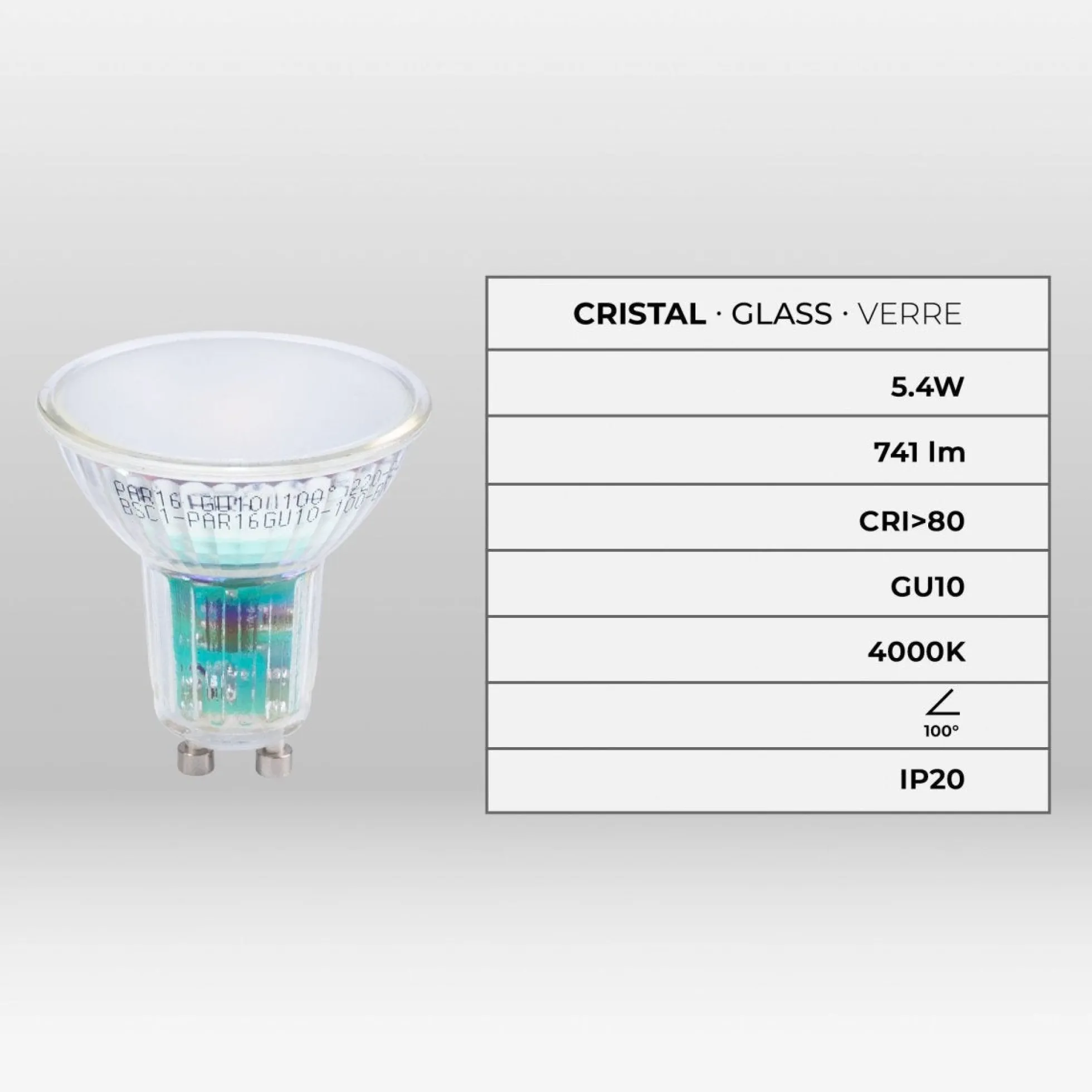 Bombilla LED GU10 6W cristal - 740lm - PAR16 - 100°