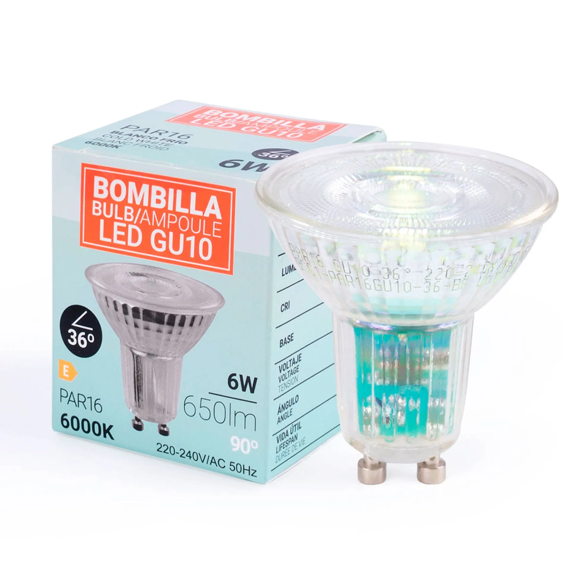 Bombilla LED GU10 6W cristal - 130lm/W - PAR16 - 36°