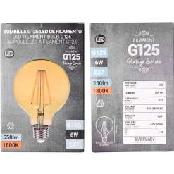 Bombilla LED Vintage Globo de Filamento E27 G125 6W