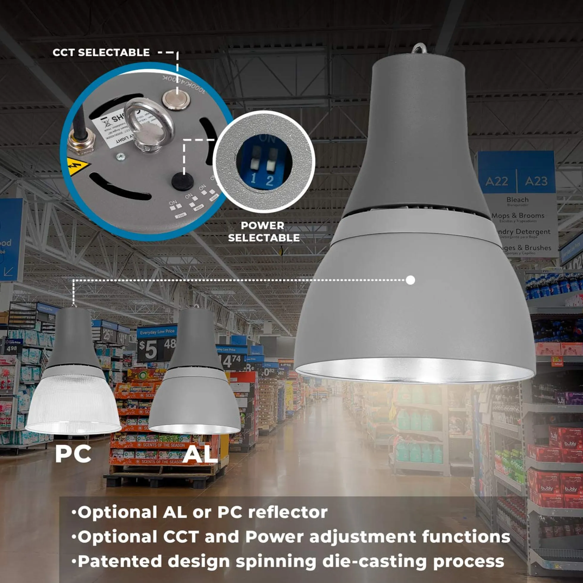 Campana LED comercial CCT - (25W / 40W /60W / 80W) - Difusor aluminio - UGR19 - Driver Lifud 0-10V