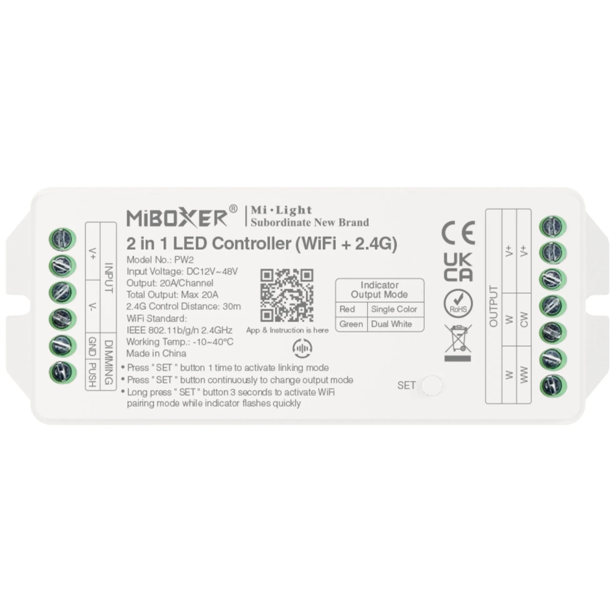 Controlador tira LED 2 en 1 - Monocolor/Dual White - 12/48VDC - 20A - 2.4G - WiFi - Milight