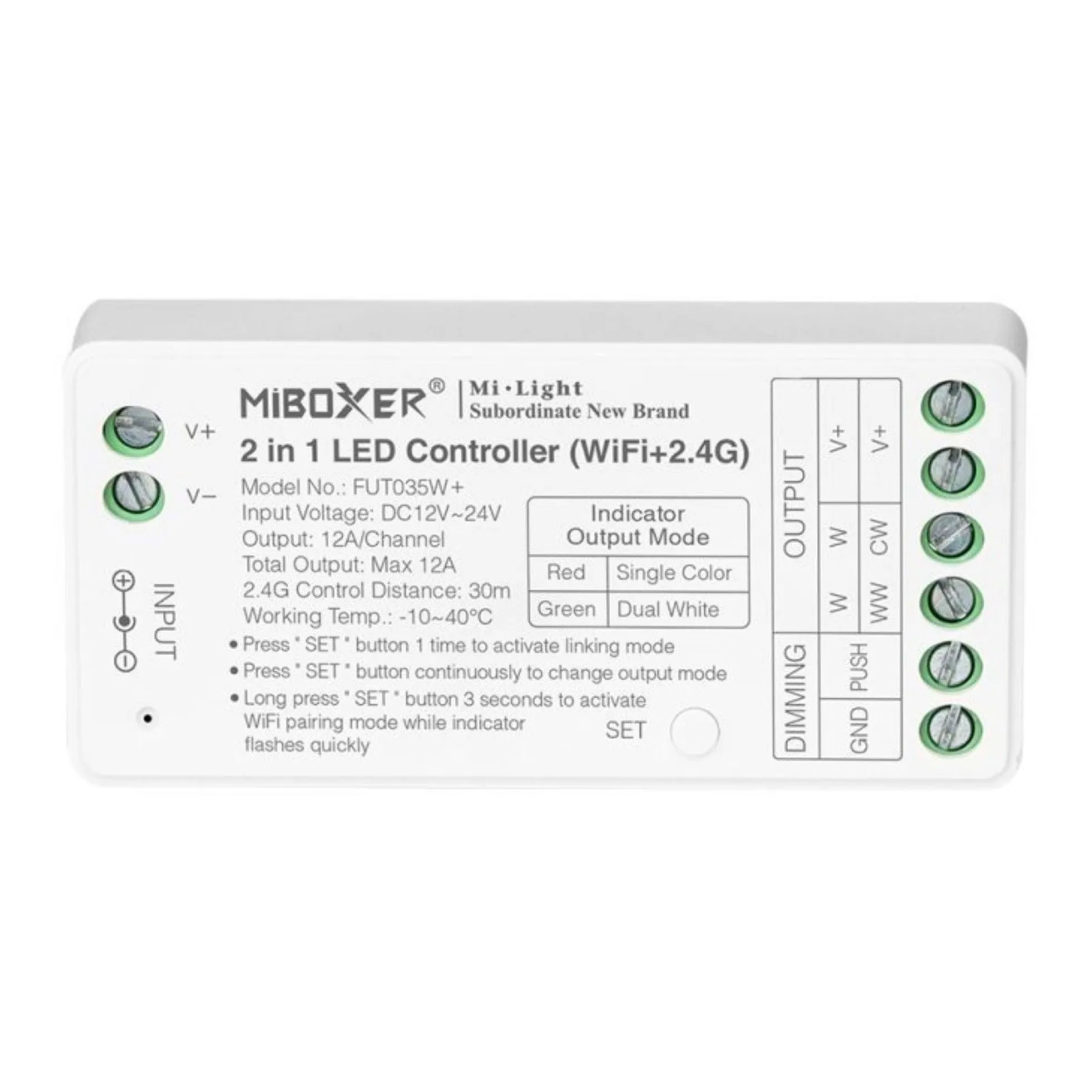 Controlador tira LED 2 en 1- Monocolor - Dual White - 12/24V DC - 2.4G - WiFi - MiBoxer - FUT035W+
