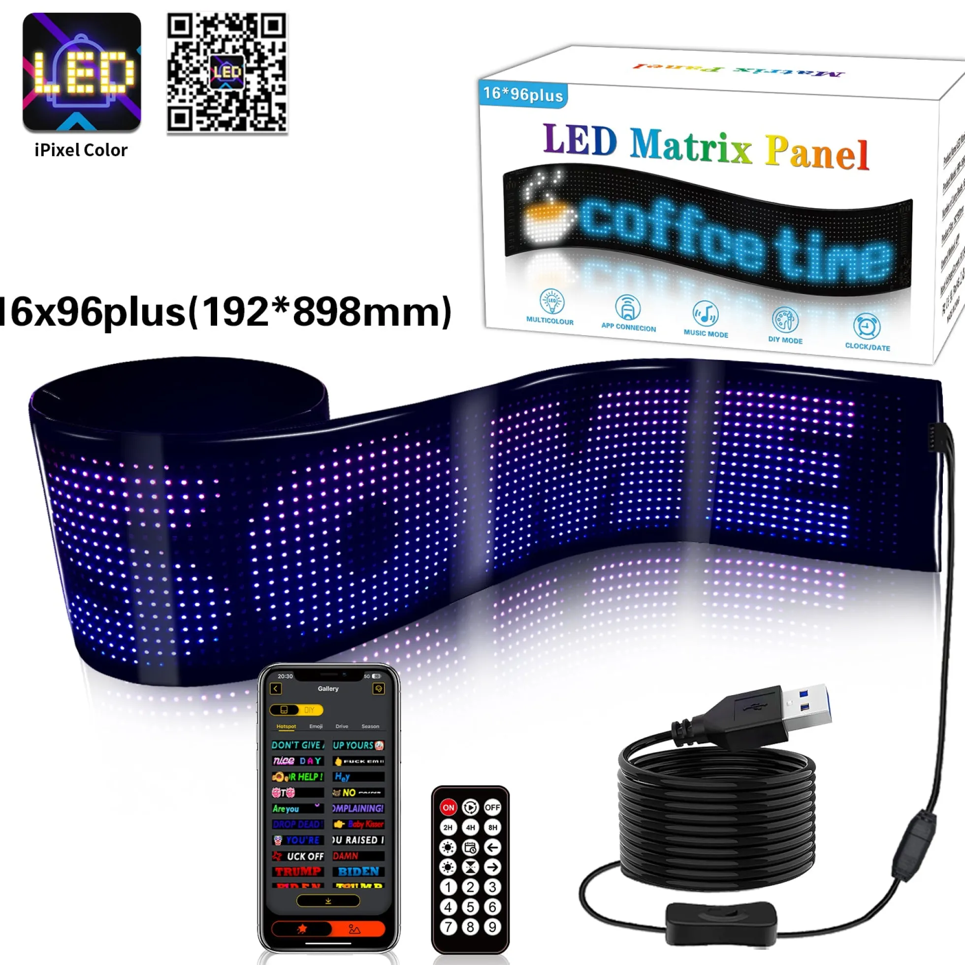 Display LED flexible programable - 89 x 19 cm - USB + Bluetooth + mando a distancia