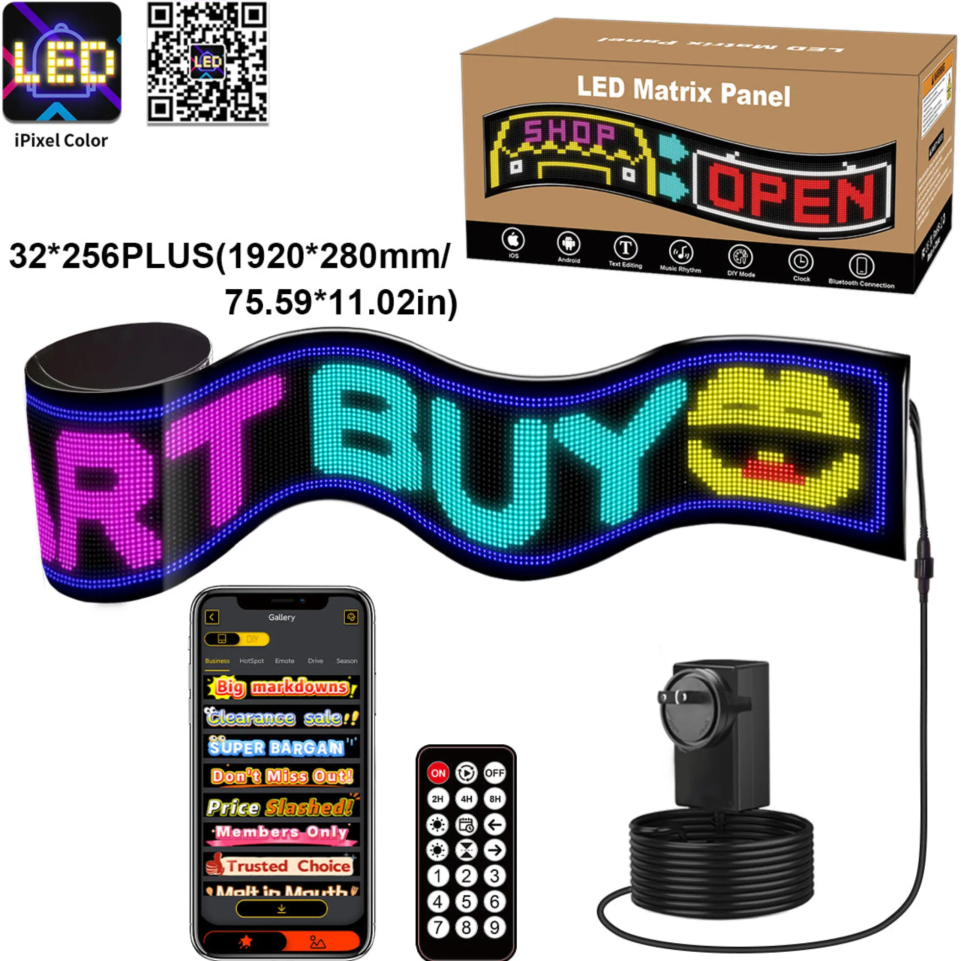 Display LED flexible programable - 192 x 28 cm - USB + Bluetooth + mando a distancia