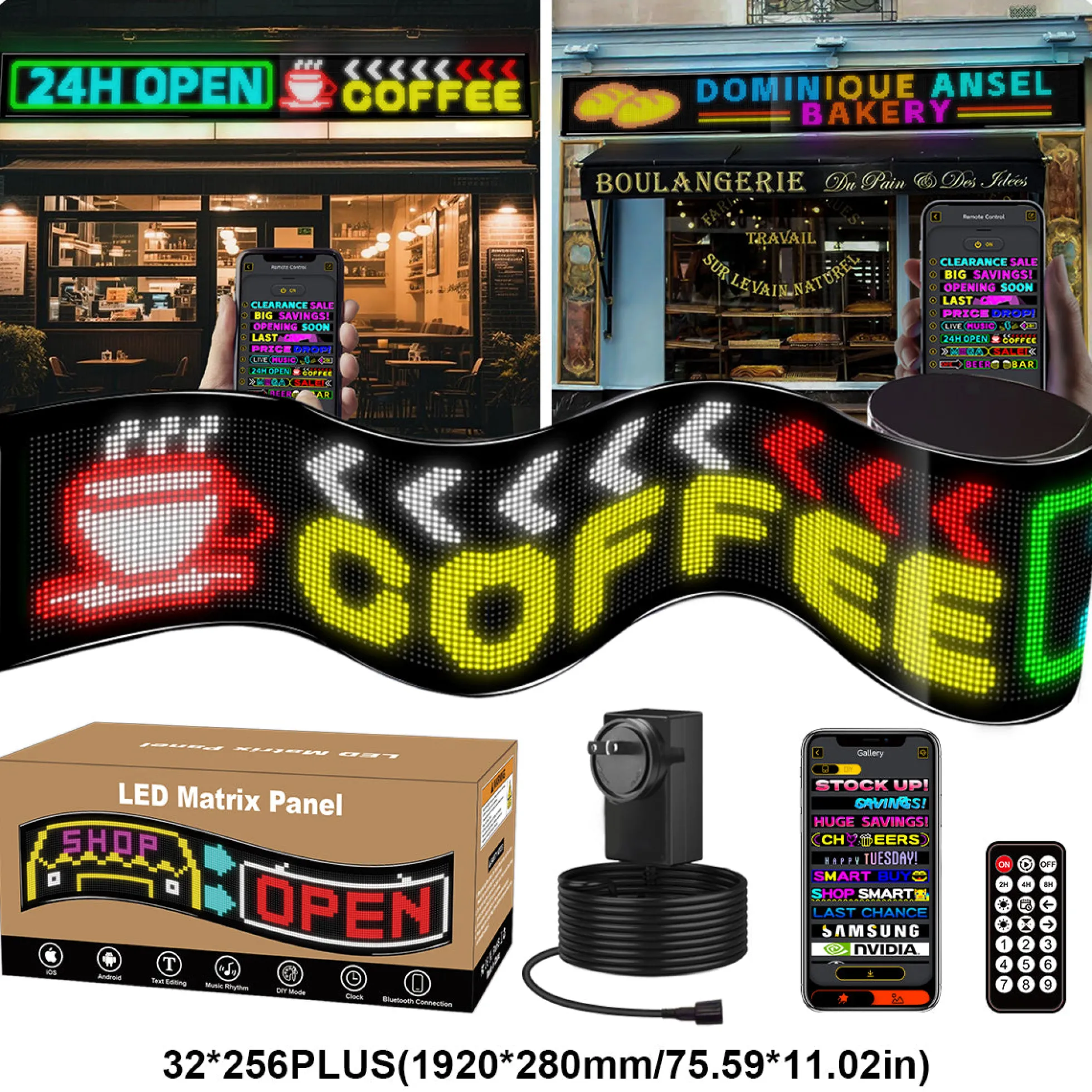 Display LED flexible programable - 192 x 28 cm - USB + Bluetooth + mando a distancia