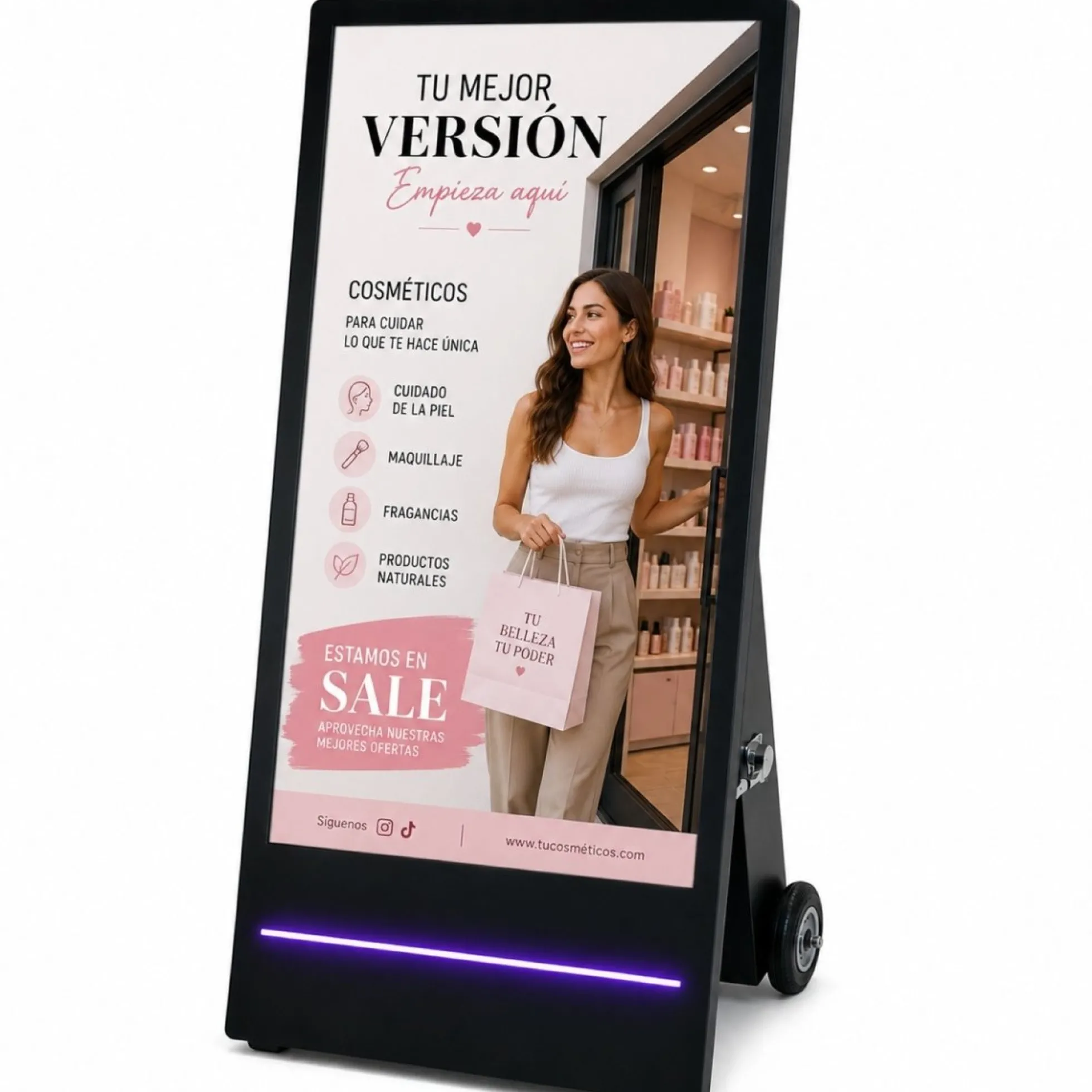 Display publicitario portátil 43'' para interior con ruedas y batería - LCD Full HD