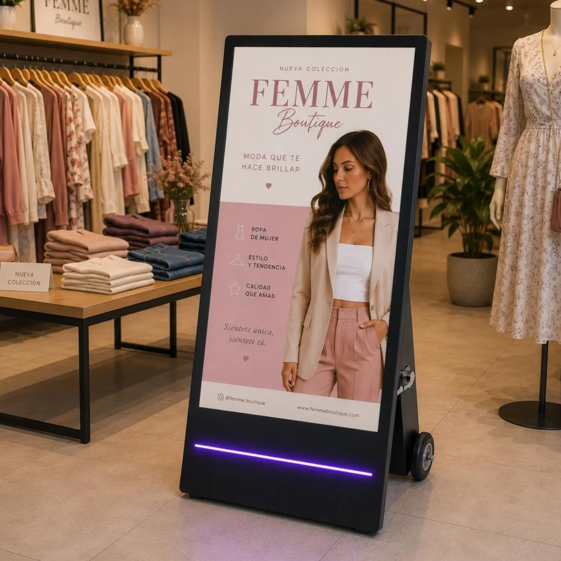 Display publicitario portátil 43'' para interior con ruedas y batería - LCD Full HD