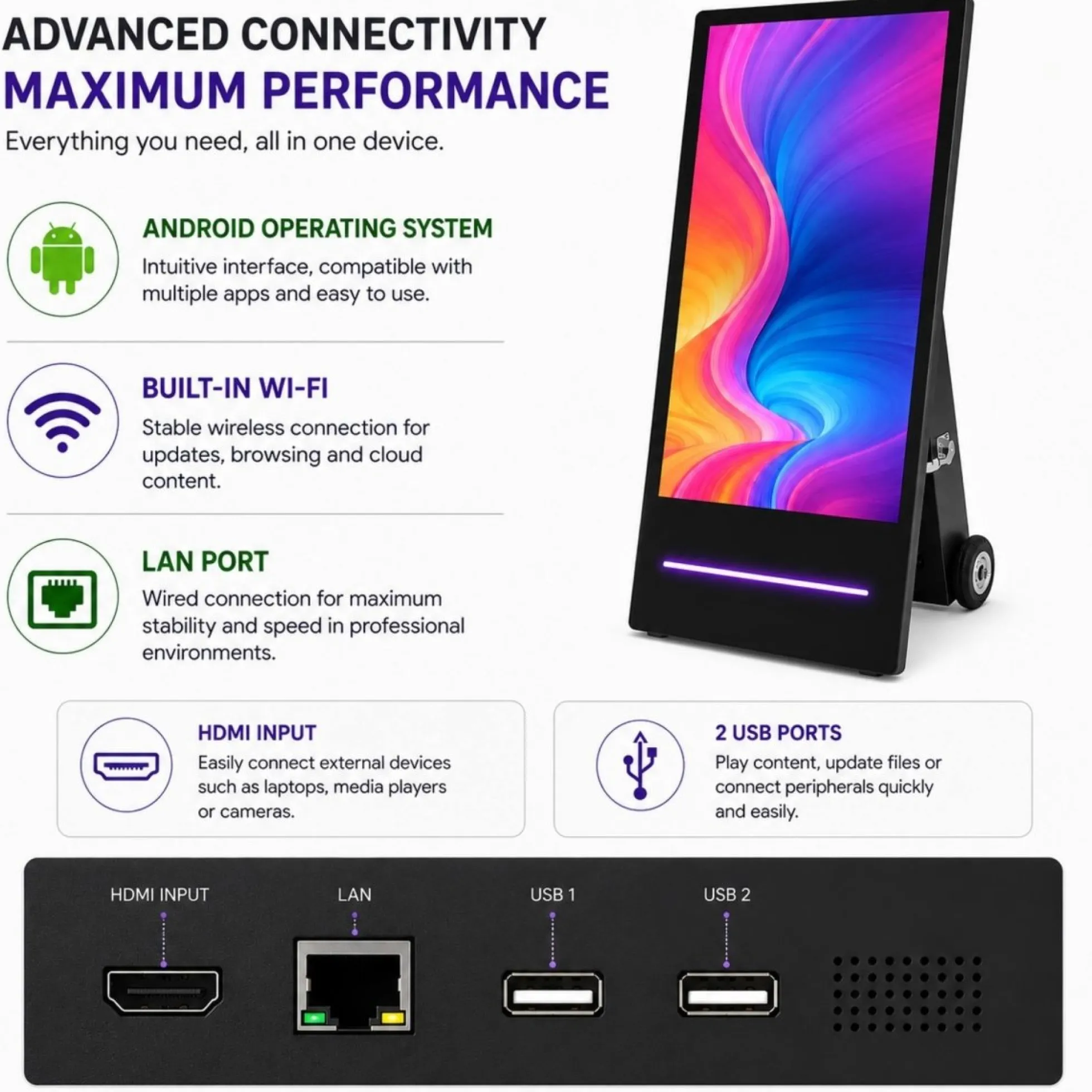 Display publicitario portátil 43'' para interior con ruedas y batería - LCD Full HD