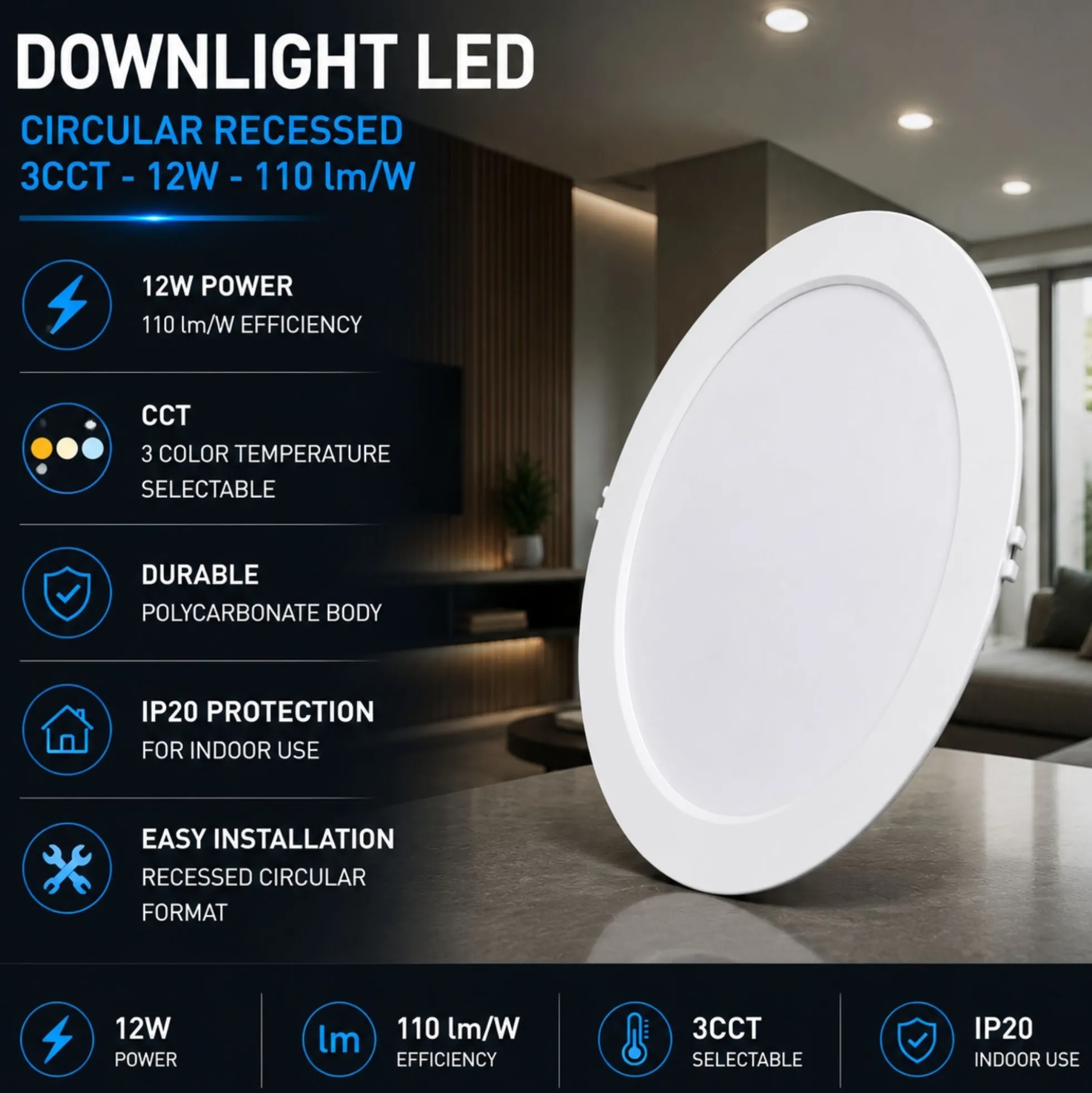 Downlight LED circular empotrable - 3CCT - 12W - 110 lm/W - Corte Ø127mm