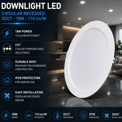 Downlight LED circular empotrable - 3CCT - 18W - 110 lm/W - Corte Ø170mm