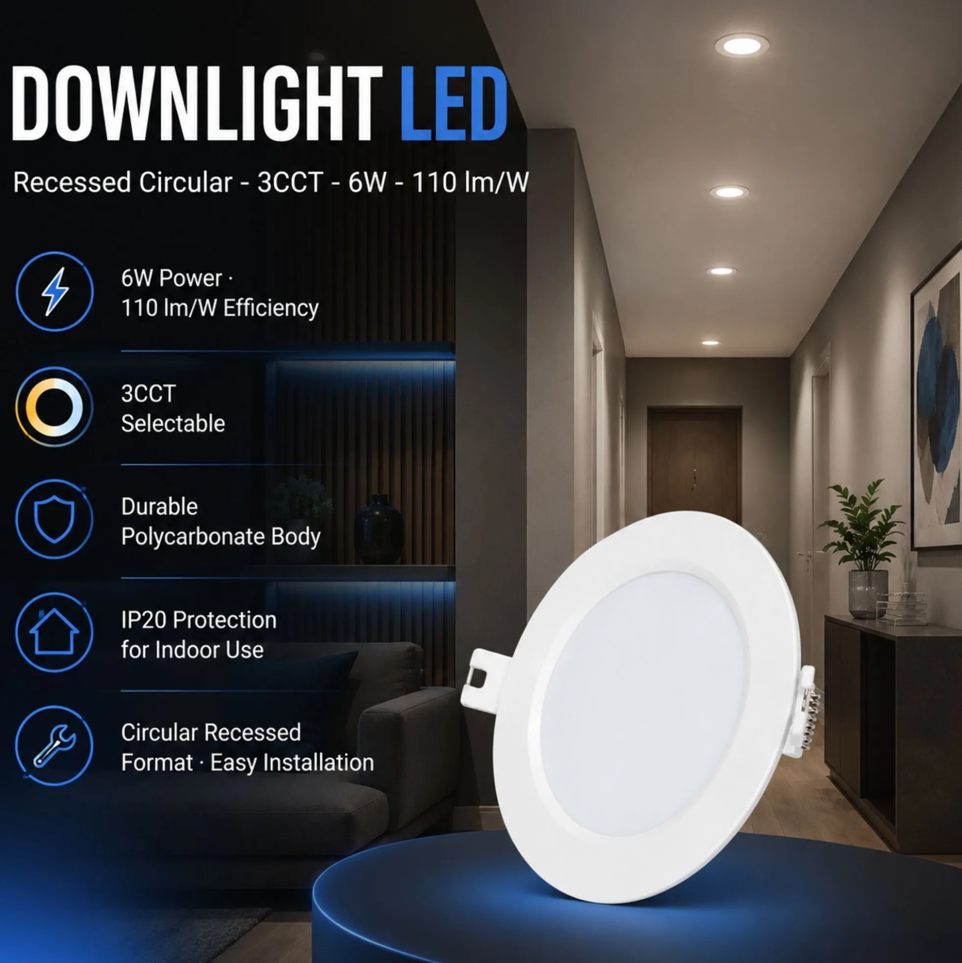 Downlight LED circular empotrable - 3CCT - 6W - 110 lm/W - Corte Ø93mm