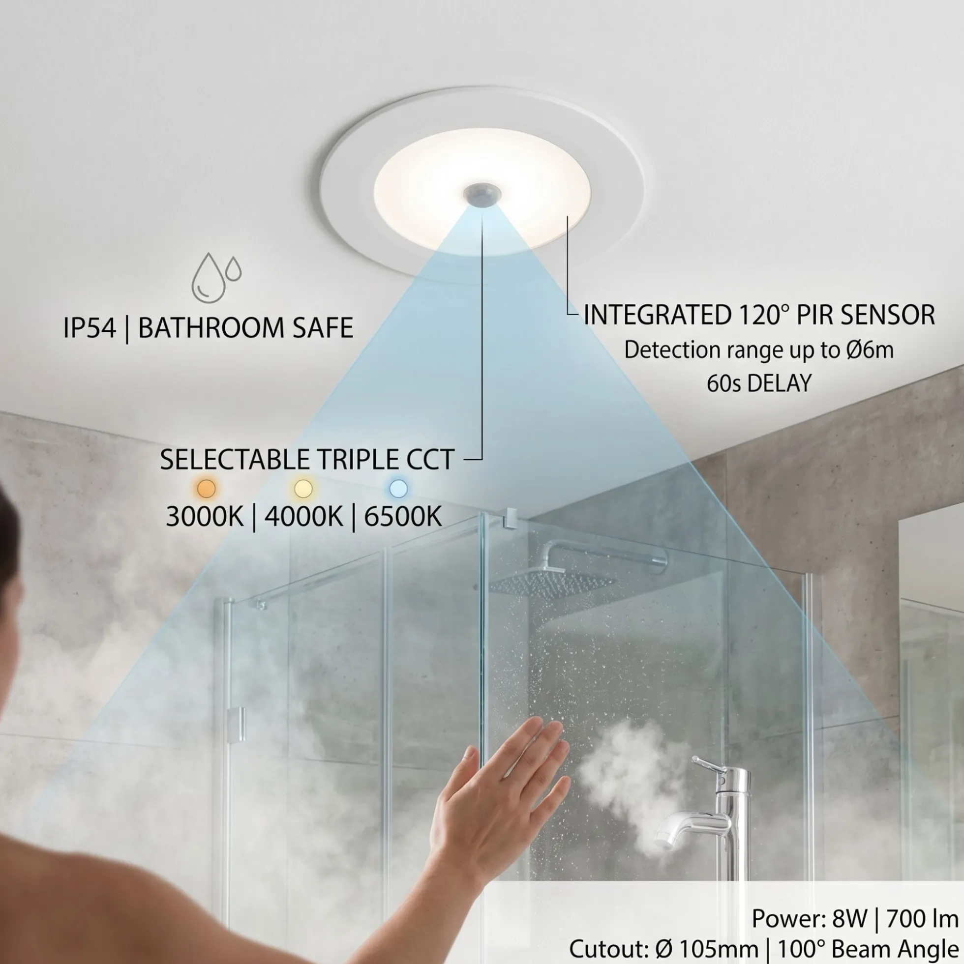 Downlight LED con sensor PIR "CLIO" - 8W - CCT - 700lm - Corte Ø85mm - IP54