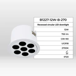 Downlight LED empotrable circular 12W - UGR18 - Corte Ø 70mm - Blanco