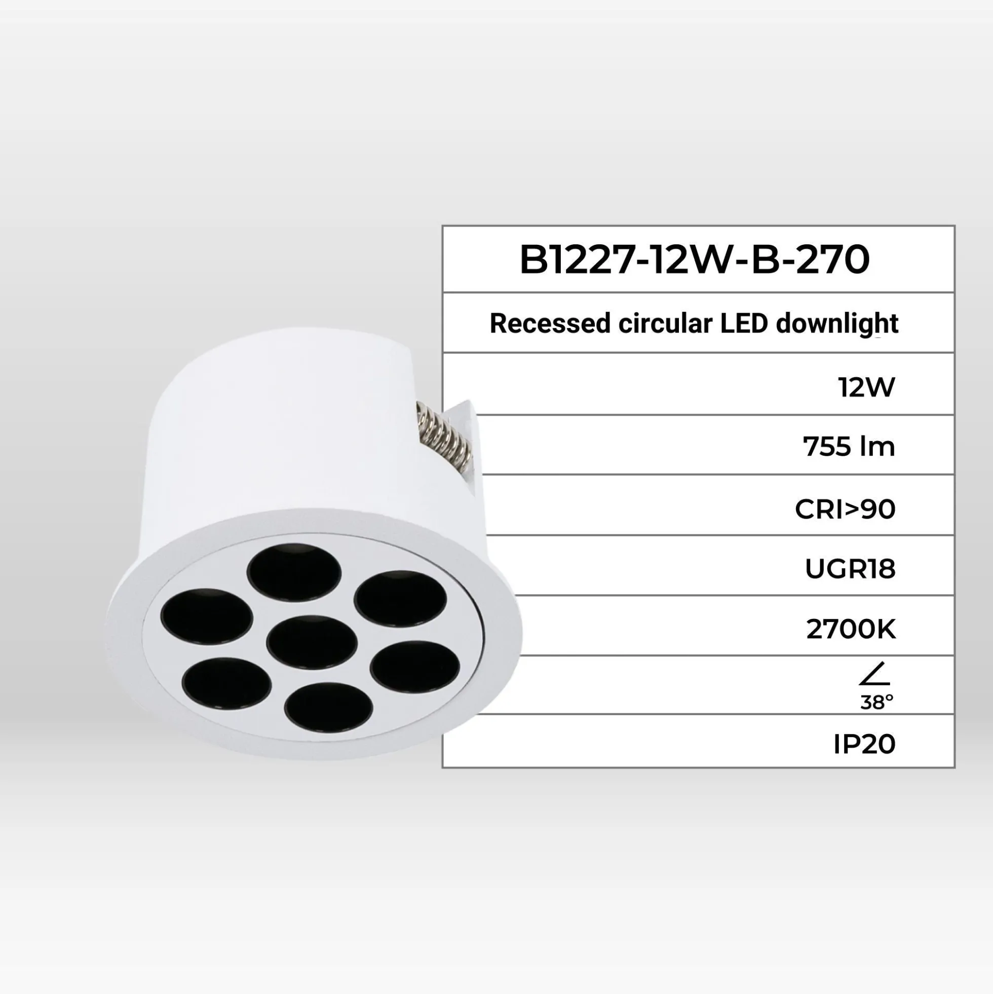 Downlight LED empotrable circular 12W - UGR18 - Corte Ø 70mm - Blanco