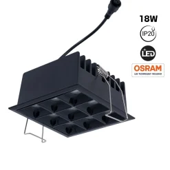 Downlight LED Empotrable Cuadrado Antideslumbrante · Marco -Negro - 18W - 9 Focos - UGR18 - CRI90 - Chip OSRAM