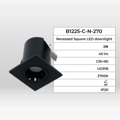 Downlight LED empotrable cuadrado 2W - Chip Osram - UGR18 -  Corte Ø 25mm - Negro