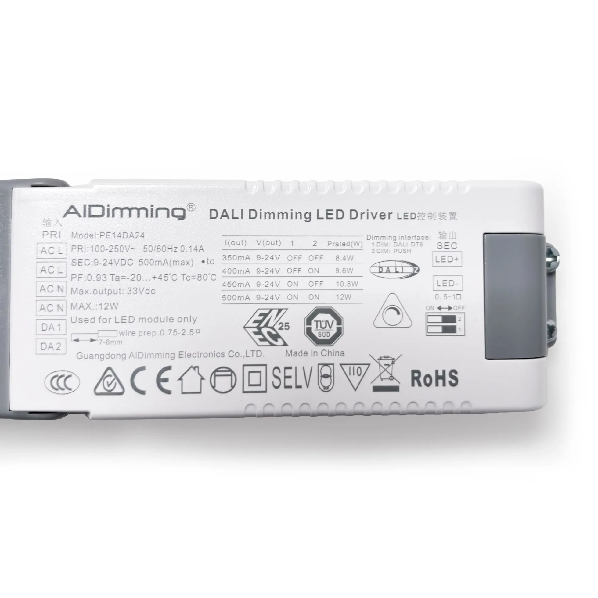 Driver LED DALI 9-24V regulable - Corriente ajustable 350/400/450/500mA
