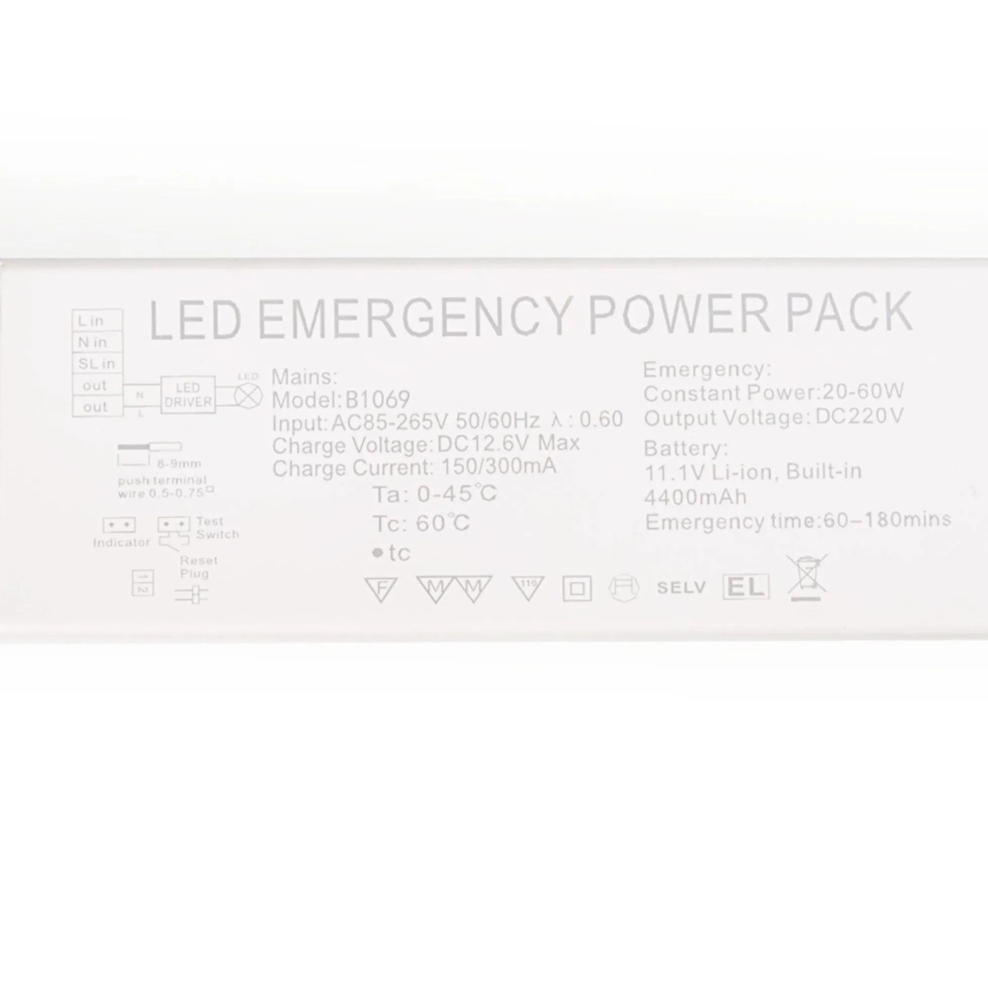 Driver LED para emergencia - Salida 3-60W - 3h autonomía - Luz 3-60W