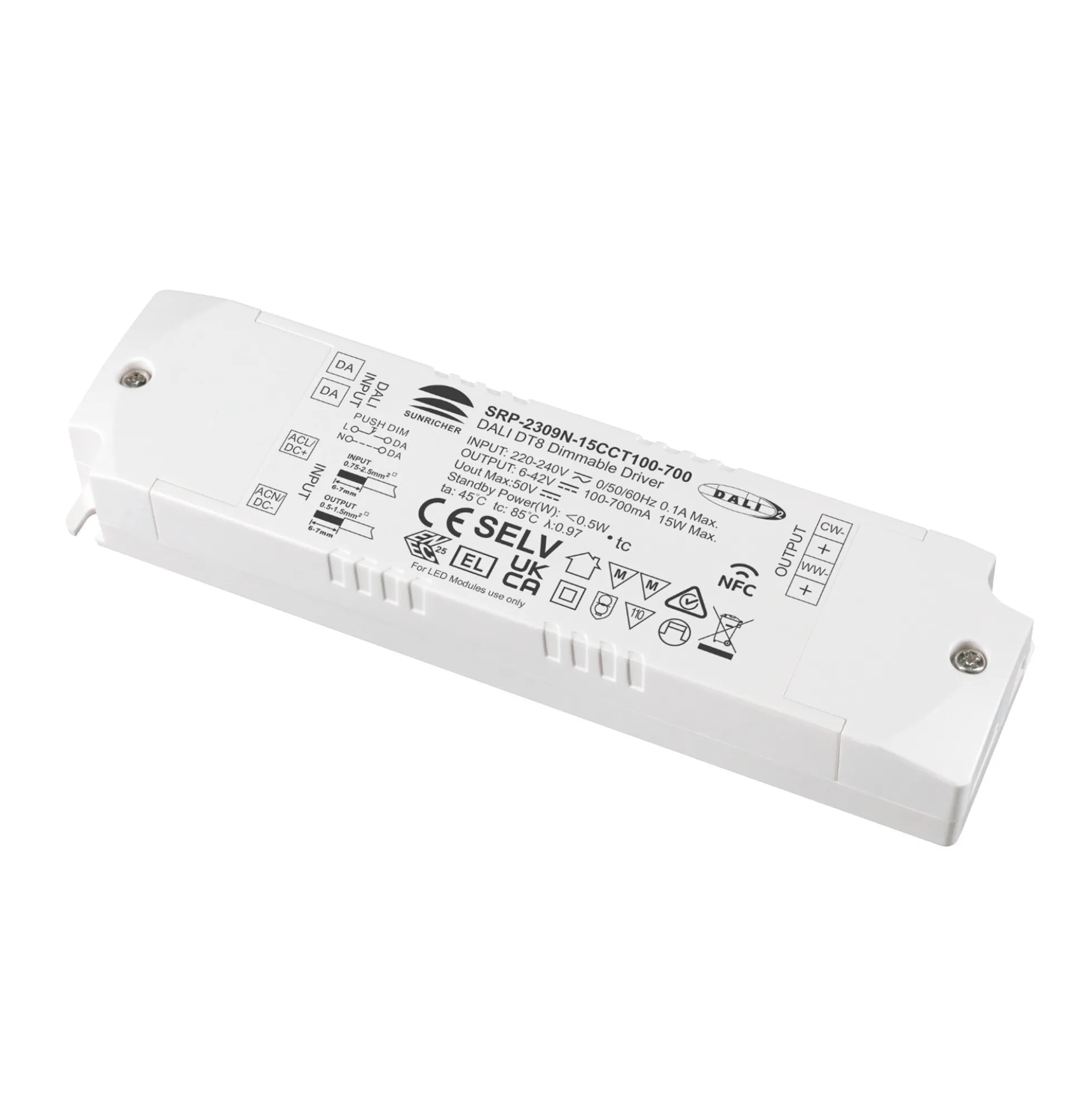 Driver regulable DALI DT8 CCT 220-240V - Salida 6-42V DC - 100-700mA - 15W