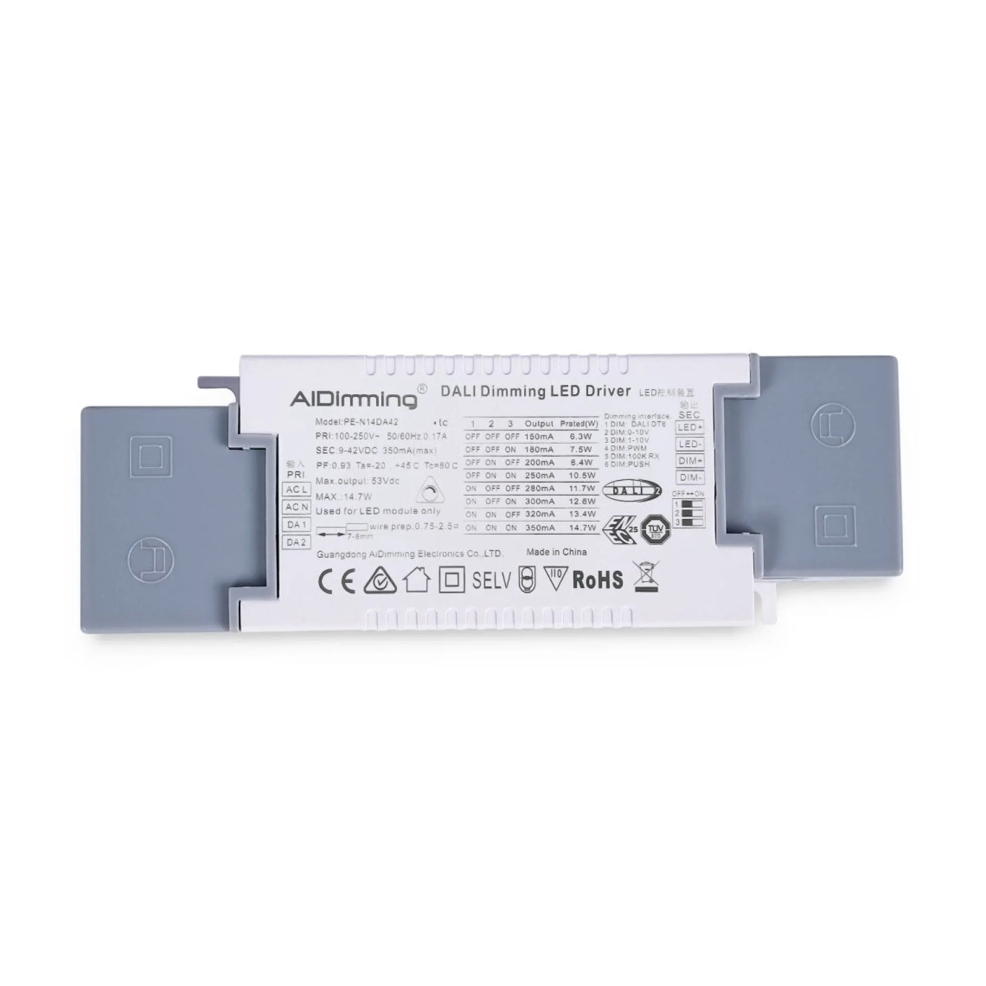 Driver regulable DALI + 1/0-10V + PUSH - 9-42V DC - Multicorriente (150-350mA)