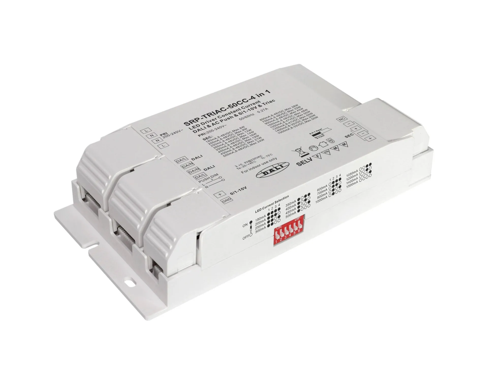 Driver regulable TRIAC DALI PUSH 0/1-10V 8-48VDC 50W multicorriente (180-1500mA)