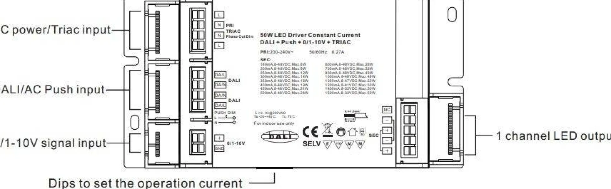 Driver regulable TRIAC DALI PUSH 0/1-10V 8-48VDC 50W multicorriente (180-1500mA)