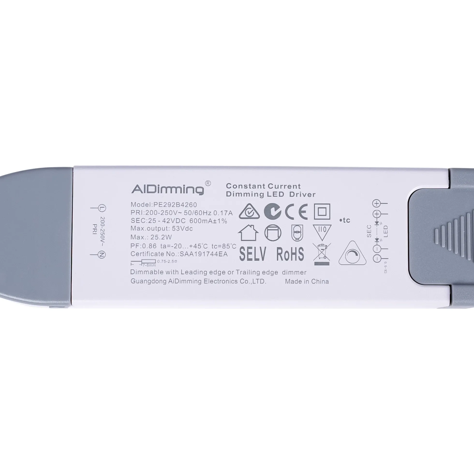 Driver regulable TRIAC 25-42V DC - 600mA - 25,2W